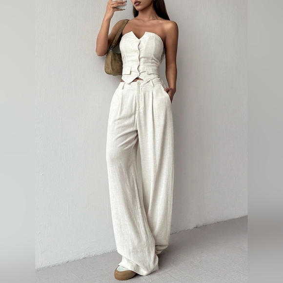 Ladies' Linen Simple Solid Color Tube Top And Long Pants Two-Piece Set - Picture 4 of 7